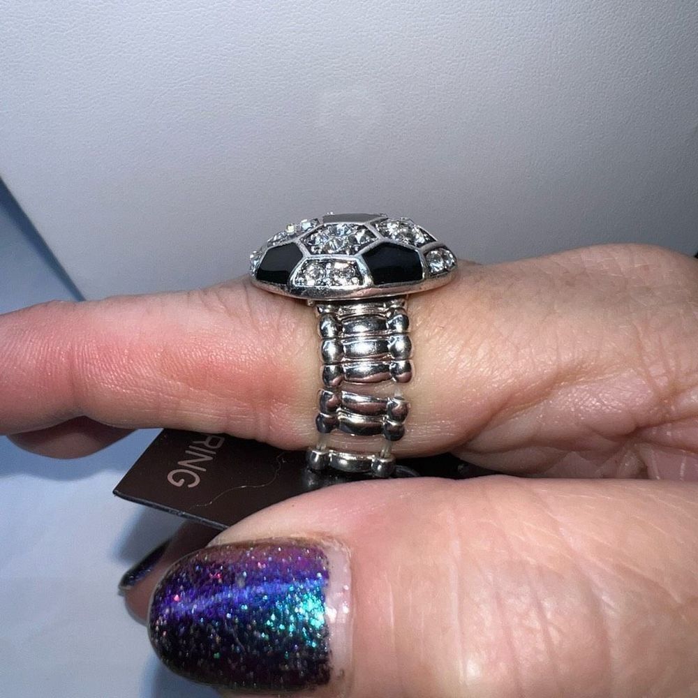 Ladies Black With Clear Rhinestone Soccer Stretch Ring - Picture 4 of 6